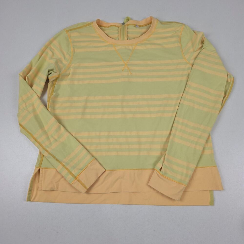 Lululemon Shirt Womens 10‎ Green Peach Stripe Long Sleeve Zip Back Rash Guard